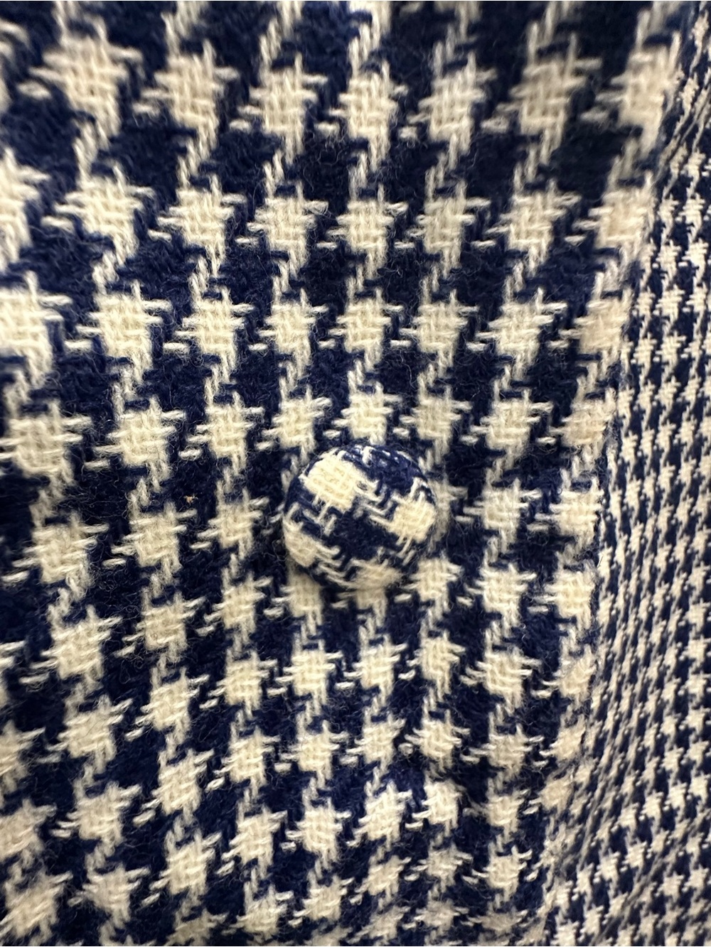 Vintage Handmade Navy & Cream Houndstooth Jacket with Fabric-Covered Button
